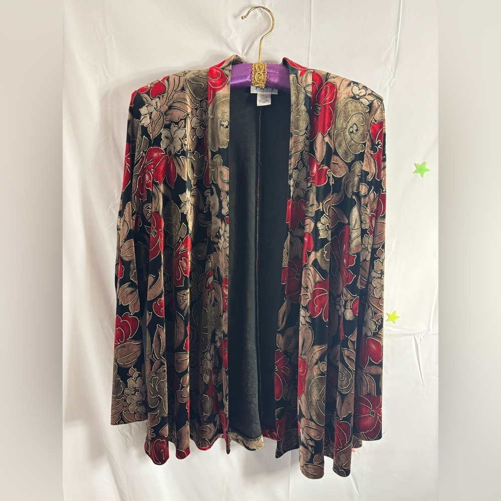 VTG Women's L Velvet Black and Gold Metallic with Vibrant Red Floral - Picture 10 of 13